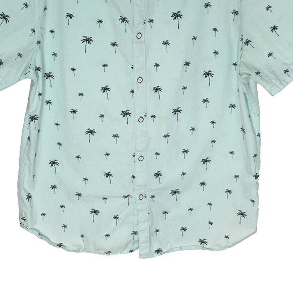 Denim & Flower Mens L Short Sleeve Button Down Shirt Baby Blue Palm Tree Print - Picture 2 of 13